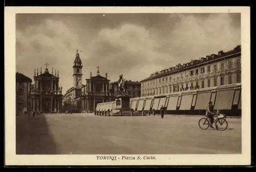AK Torino, Piazza S. Carlo con ciclista e statua equestre