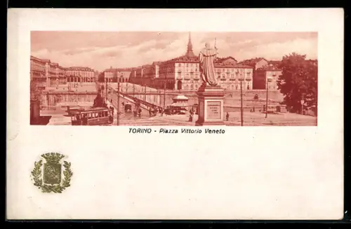 AK Torino, Piazza Vittorio Veneto con tram e monumento