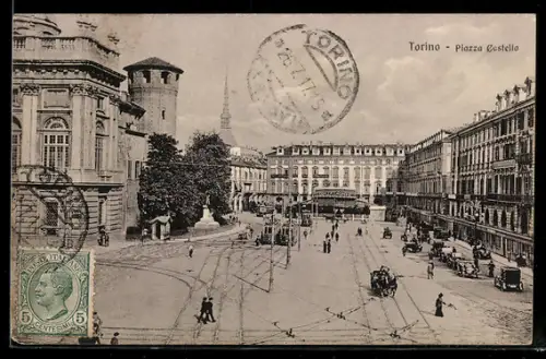 AK Torino, Piazza Castello con carrozze e tram su binari, Strassenbahn