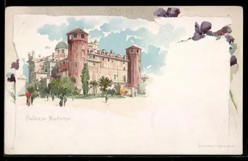 Lithographie Torino, Palazzo Madama con visitatori e giardini fioriti