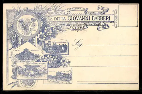 AK Torino, Ditta Giovanni Barberi, Via Mercanti 14, vedute del Castello Medioevale e Palazzo Belle Arti