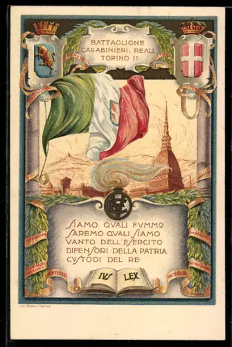 AK Torino, Battaglione Carabinieri Reali con bandiera italiana e Mole Antonelliana
