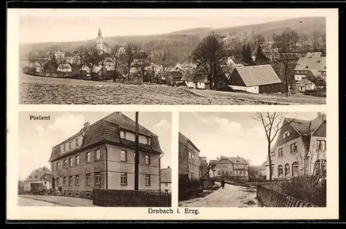 AK Drebach, Ortsansicht von oben, Postamt, Strassenpartie