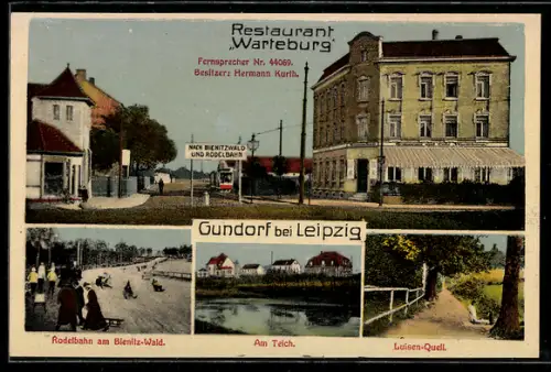 AK Gundorf, Rodelbahn, Gasthof Restaurant Warteburg, Rodelbahn, Teich & Luisen Quell
