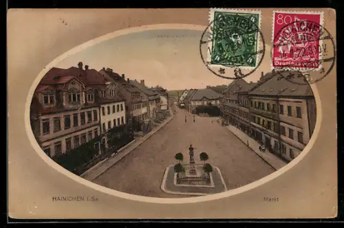 AK Hainichen i. Sa., Markt mit Denkmal, Passepartout