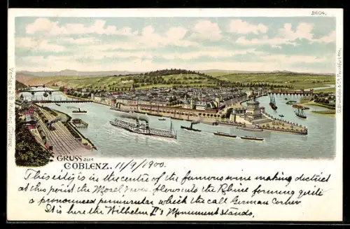 Lithographie Koblenz, Totale des Ortes mit Deutschem Eck, Dampfer