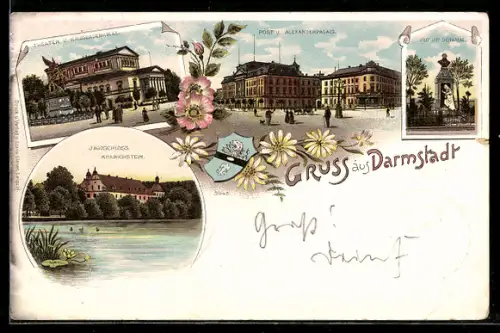Lithographie Darmstadt, Jagdschloss Kranichstein, Post, Alexanderpalais, Theater, Kriegerdenkmal