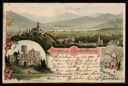 Lithographie Godesberg, Blick zum Ort, Godesburg, Kirche im Winter