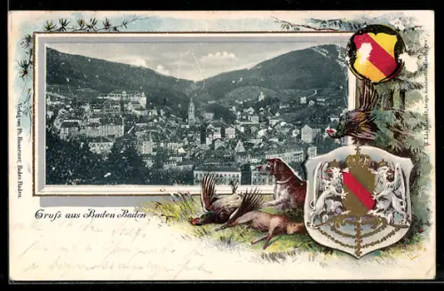 Passepartout-Lithographie Baden-Baden, Blick über die Stadt, Jagdhund mit Feldhase und Auerhahn, Wappen