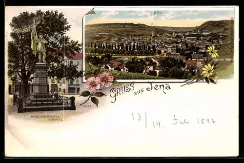 Lithographie Jena, Totalansicht, Burschenschaftsdenkmal