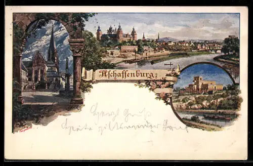 Lithographie Aschaffenburg, Ortsansicht und Blick auf die Kirche