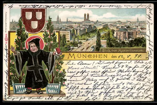 Lithographie München, Blick vom Maximilianeum auf den Ort, Münchner Kindl
