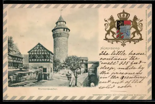 Lithographie Nürnberg, Brunnenhäuschen, Wappen