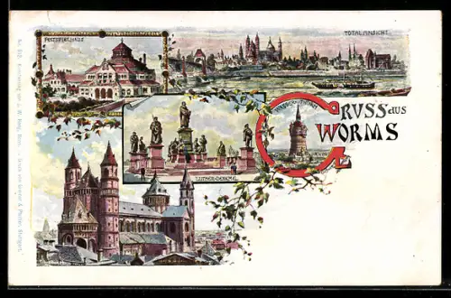 Lithographie Worms, Luther-Denkmal, Wasserturm, Festspielhaus