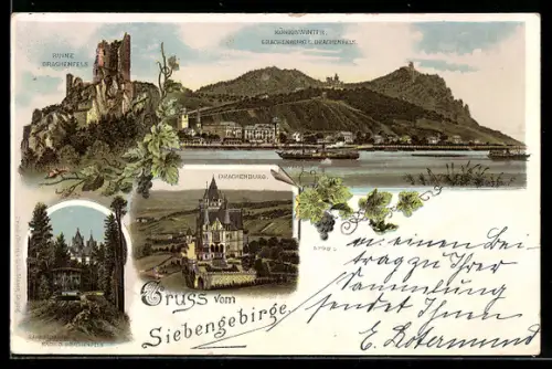 Lithographie Königswinter, Drachenburg und Drachenfels, Ruine, Zahnradbahn