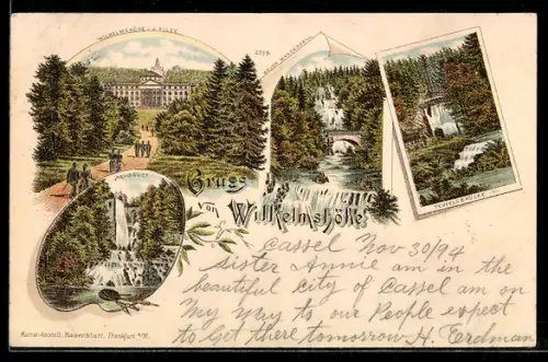 Vorläufer-Lithographie Kassel, 1894, Wilhelmshöhe v. d. Allee, Teufelsbrücke, Neuer Wasserfall