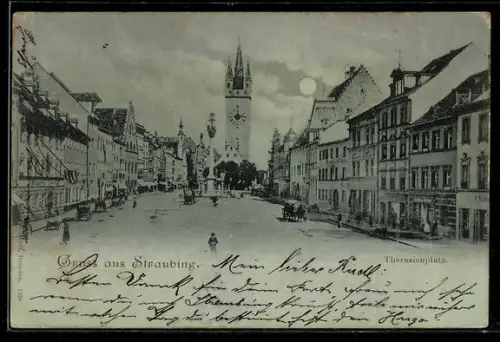 Mondschein-AK Straubing, Theresienplatz mit Geschäften und Stadtturm