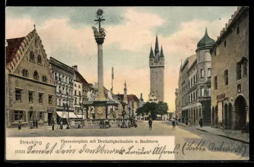 AK Straubing, Theresienplatz mit Dreifaltigkeitssäule u. Stadtturm