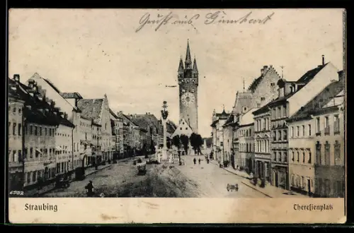 AK Straubing, Theresienplatz mit Stadtturm