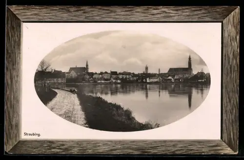 AK Straubing, Partie an der Donau mit Blick über die Altstadt