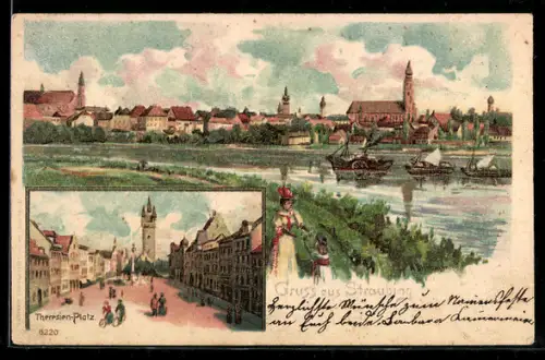 Lithographie Straubing, Theresien-Platz, Ortspanorama mit Booten u. Uferpartie