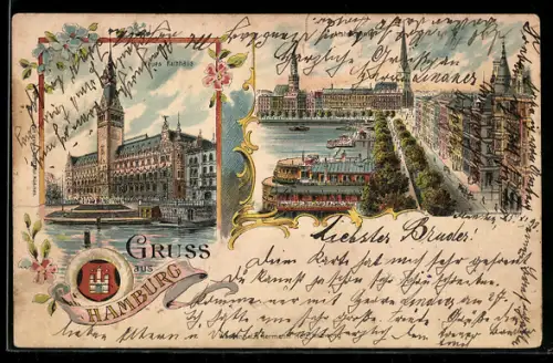 Lithographie Hamburg, Neues Rathaus, Alsterdamm aus der Vogelschau