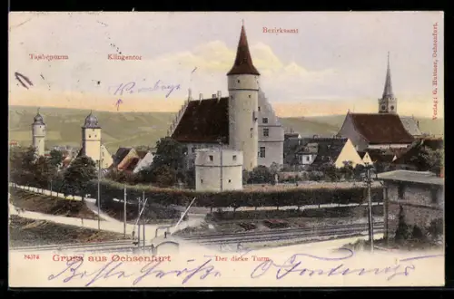 AK Ochsenfurt / Main, Der dicke Turm mit Klingentor und Bezirksamt