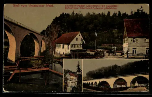 AK Welzheim, Eisenbahn Viadukt Laufenmühle mit Wasserfall