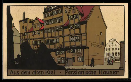 Steindruck-AK Kiel, Blick auf die Persianischen Häuser