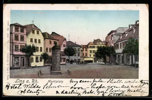 Goldfenster-AK Linz a. Rh., Marktplatz mit Geschäften