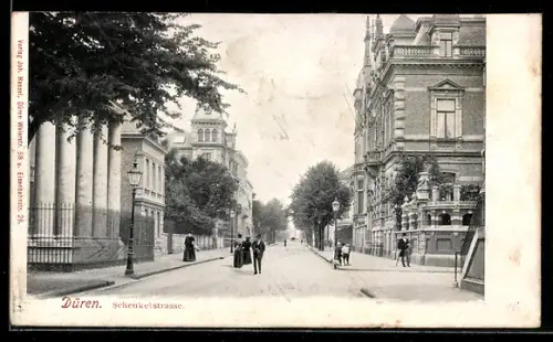 AK Düren, Schenkelstrasse mit Passanten