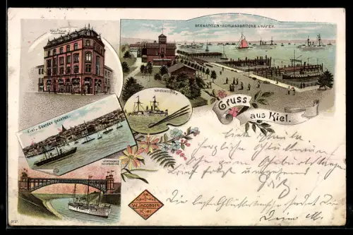 Lithographie Kiel, Kaufhaus, Hochbrücke und Kai
