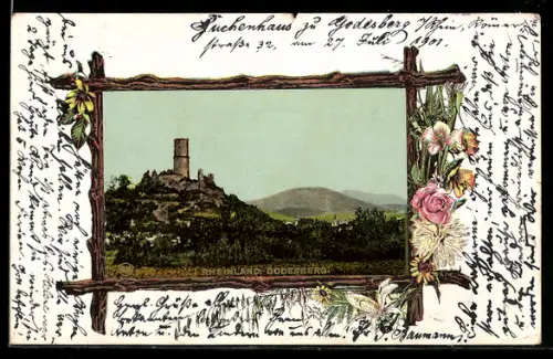Lithographie Godesberg /Rheinland, Ortspartie mit Ruine, Blumen, Passepartout