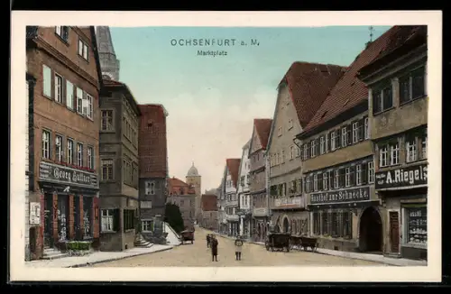 AK Ochsenfurt a. M., Marktplatz mit Geschäften