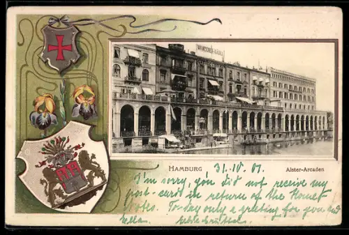 Passepartout-Lithographie Hamburg, Alster-Arcaden mit Restaurant von H. Luthens, Wappen mit Schwertlilien