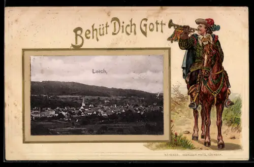 Passepartout-Lithographie Lorch, Teilansicht, Trompeter zu Pferde, Behüt Dich Gott