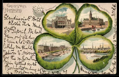 Passepartout-Lithographie Hamburg, Stadttheater, Neues Rathaus u. Lombards-Brücke im Kleeblatt