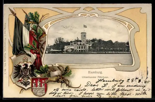 Passepartout-Lithographie Hamburg, Cafe Uhlenhorster Fährhaus, Wappen mit Fahnen