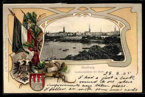 Passepartout-Lithographie Hamburg-Neustadt, Lombardsbrücke mit Stadt, Wappen mit Fahnen