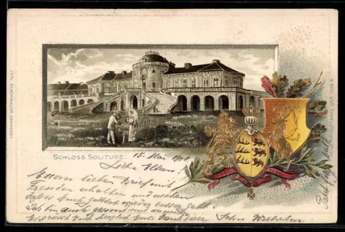 Passepartout-Lithographie Stuttgart, Schloss Solitude mit geprägten Wappen