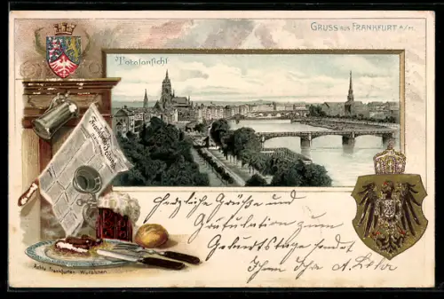 Passepartout-Lithographie Frankfurt /Main, Panorama mit Mainbrücken, Ächte Frankfurter Würstchen, Wappen
