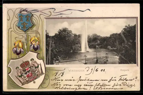 Passepartout-Lithographie Wiesbaden, Kurpark, Wappen