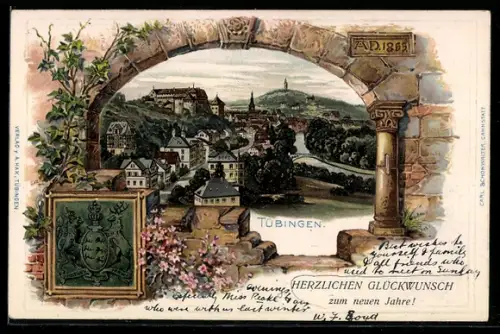 Passepartout-Lithographie Tübingen, Teilansicht mit Schloss, Wappen, Neujahrsgruss