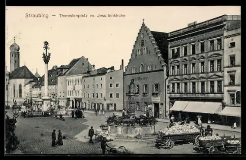 AK Straubing, Theresienplatz mit Jesuitenkirche