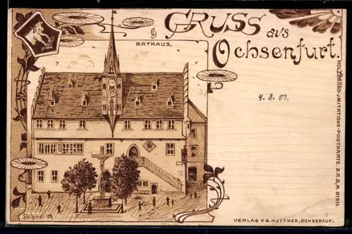 Holzbrand-Imitations-AK Ochsenfurt, Partie am Rathaus