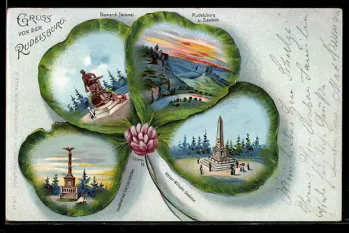 Passepartout-Lithographie Rudelsburg, Bismarck-Denkmal, Denkmal der Corpsstudenten & Kaiser-Wilhelm-Denkmal im Kleeblatt