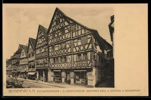 AK Ochsenfurt a. M., Fachwerkhäuser mit Geschäften i. d. Hauptstrasse