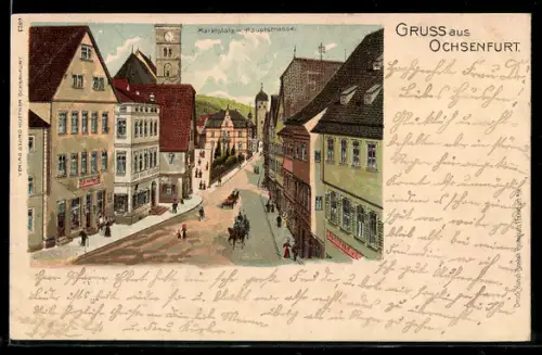 Lithographie Ochsenfurt, Marktplatz mit Hauptstrasse