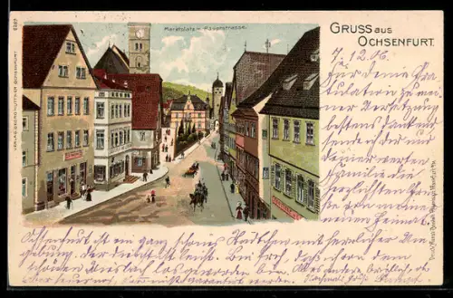 Lithographie Ochsenfurt, Marktplatz und Hauptstrasse mit Geschäften