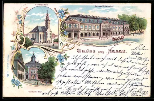 Lithographie Hanau, Johanneskirche, Kurhaus-Wilhelmsbad, Frankfurter Thor